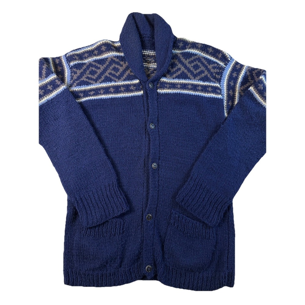 Vtg Handmade Cardigan Shawl Collar Sweater Navy Fair Isle Yoke Chunky Knit Sz L